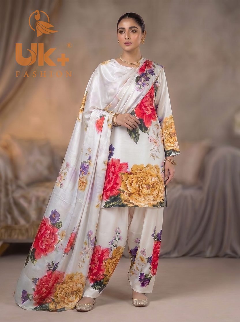 3Pc Embroidered Shamoz Silk, Shirt, Farshi & Dupatta
