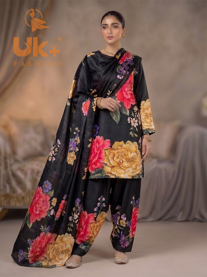 3Pc Embroidered Shamoz Silk, Shirt, Farshi & Dupatta