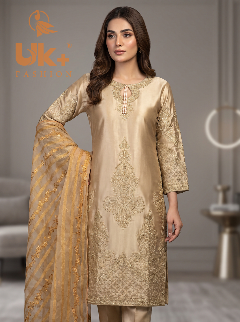 3Pc Embroidered Silk shirt, Farshi & Dupatta