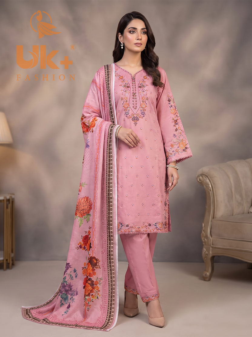 3Pc Embroidered Cotton Shirt, Trouser, Dupatta