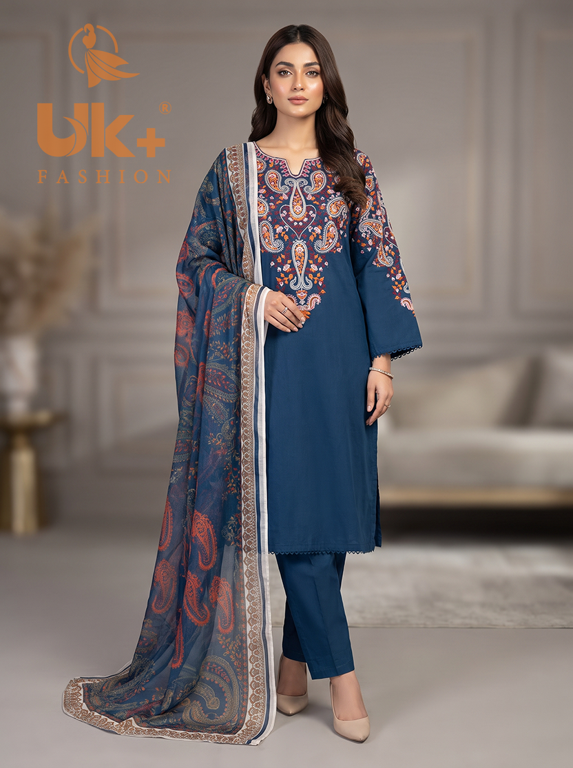 3Pc Embroidered Cotton Shirt, Trouser, Dupatta