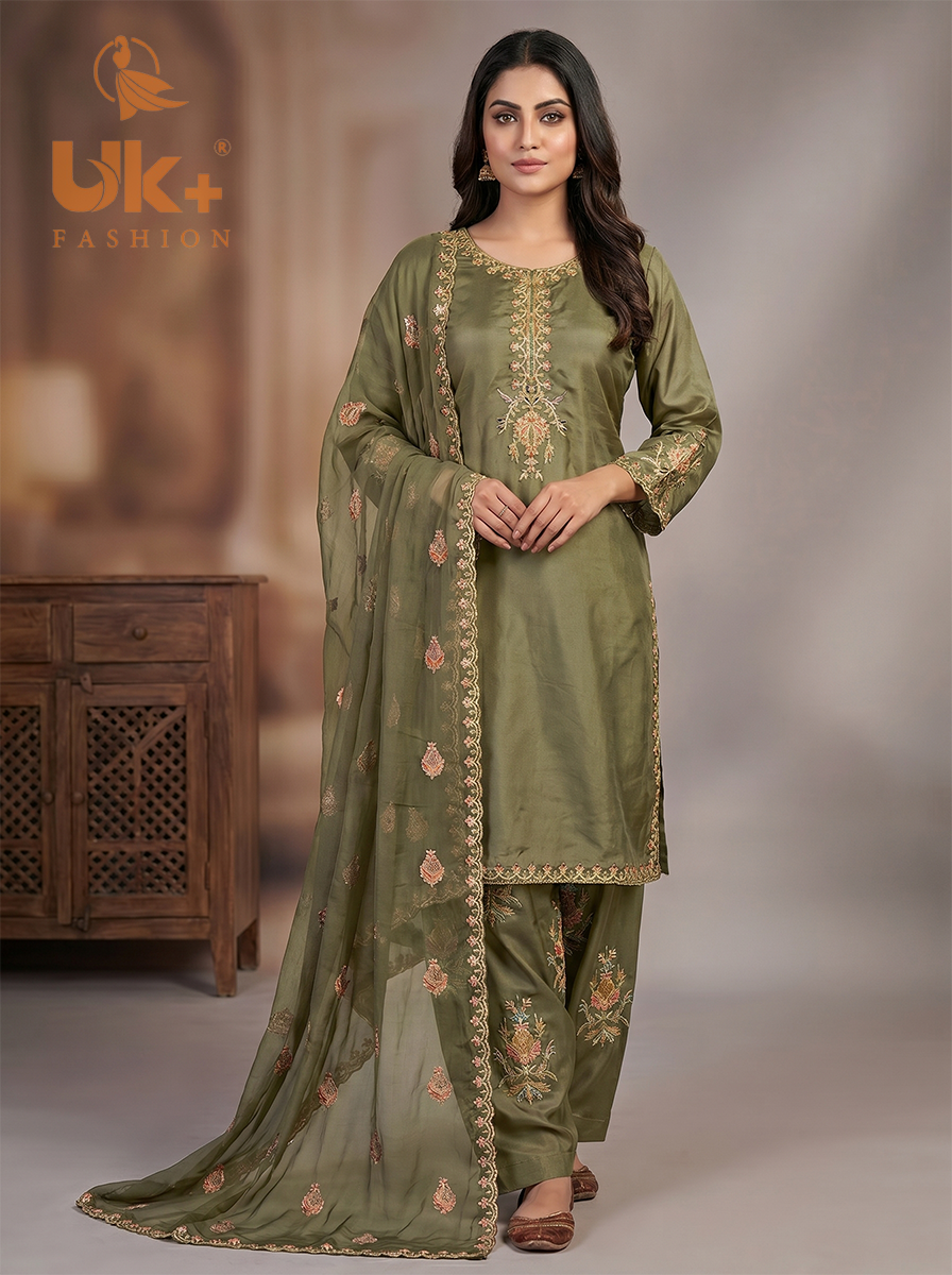 3Pc Embroidered Kataan Silk, Shirt, Farshi Shalwar and Chiffon Dupatta