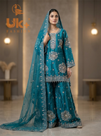 3Pc Embroided Sheesha Silk Shirt, Plazo, Dupatta
