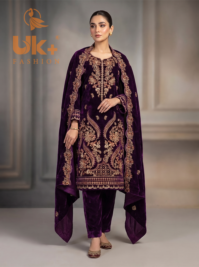 3Pc Velvet Un-Stitch, shirt, shalwar & Dupatta