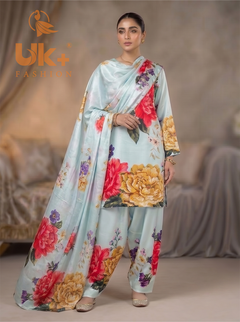 3Pc Embroidered Shamoz Silk, Shirt, Farshi & Dupatta