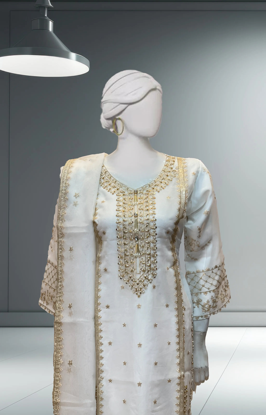 White 3Pc Organza Suit