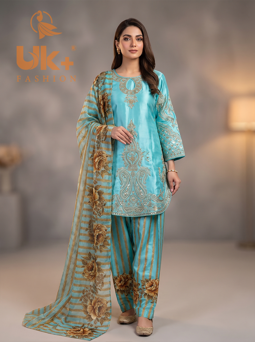 3Pc Embroidered Silk shirt, Farshi & Dupatta