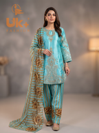 3Pc Embroidered Silk shirt, Farshi & Dupatta