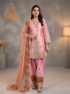 3Pc Embroidered Silk shirt, Farshi & Dupatta