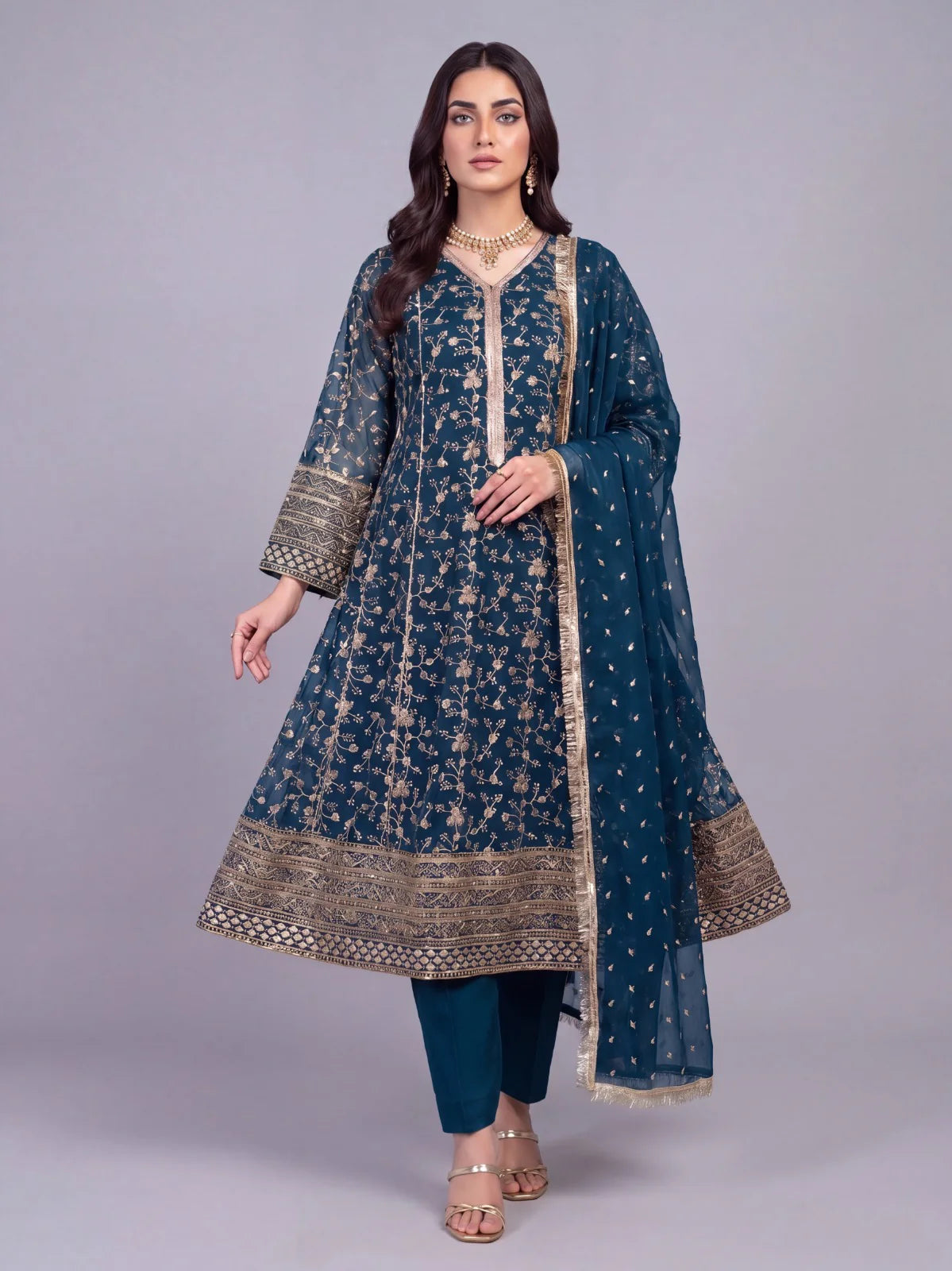 3Pc Chiffon Embroidery Shirt, Shlawar, Dupatta