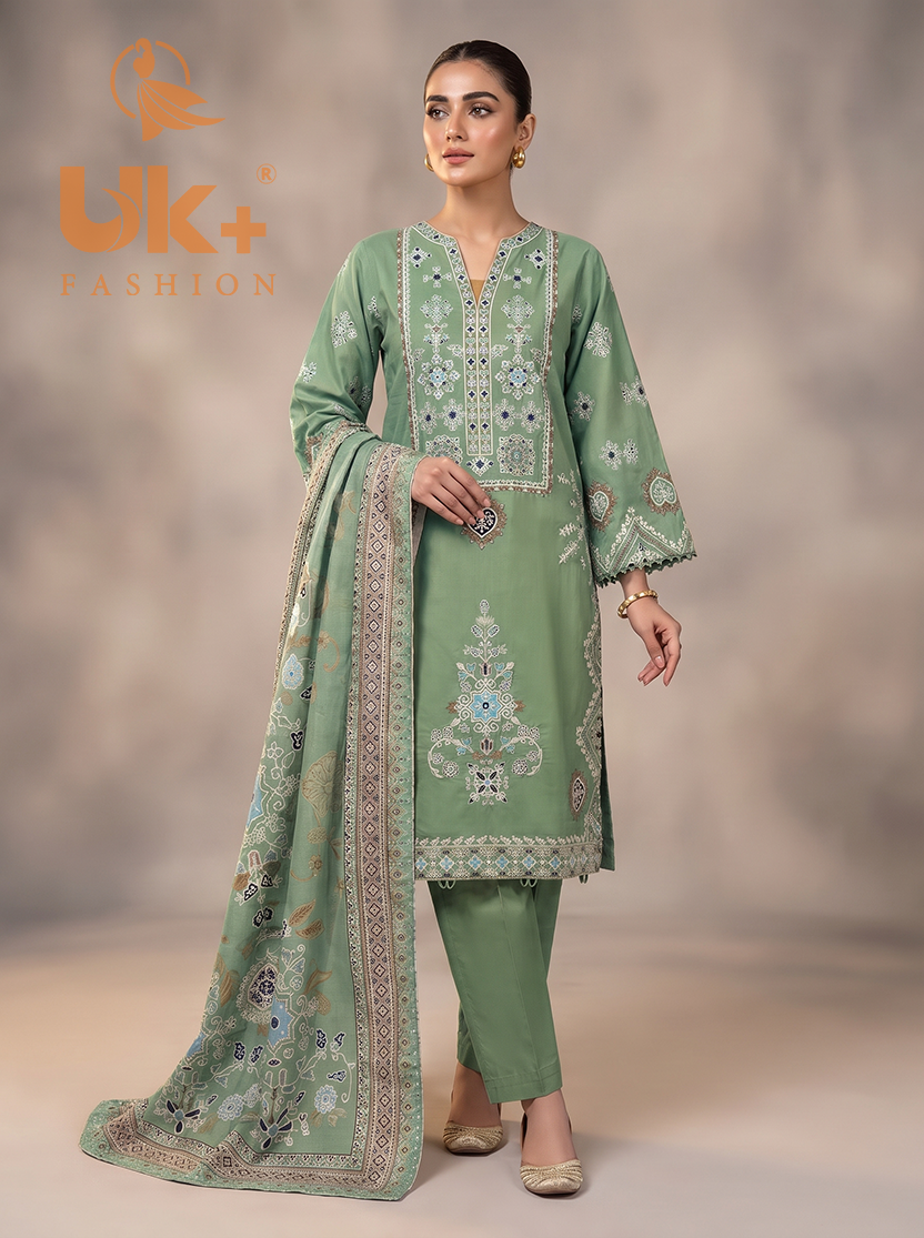 3Pc Embroidered Cotton Shirt, Trouser, Dupatta