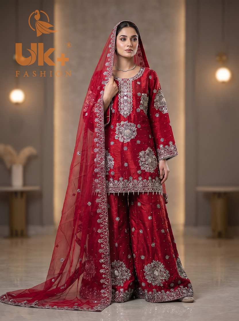 3Pc Embroided Sheesha Silk Shirt, Plazo, Dupatta