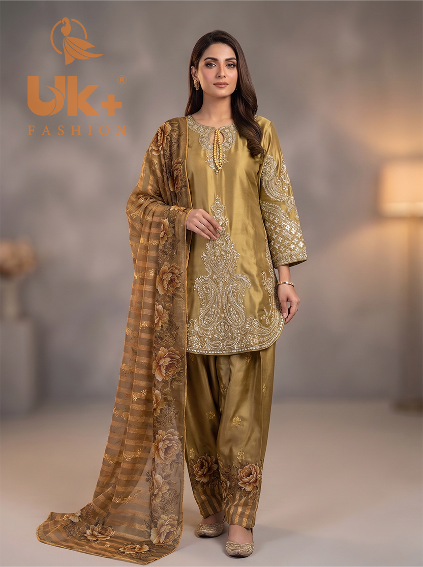 3Pc Embroidered Silk shirt, Farshi & Dupatta