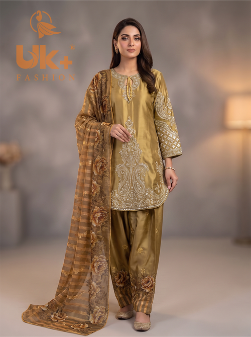 3Pc Embroidered Silk shirt, Farshi & Dupatta