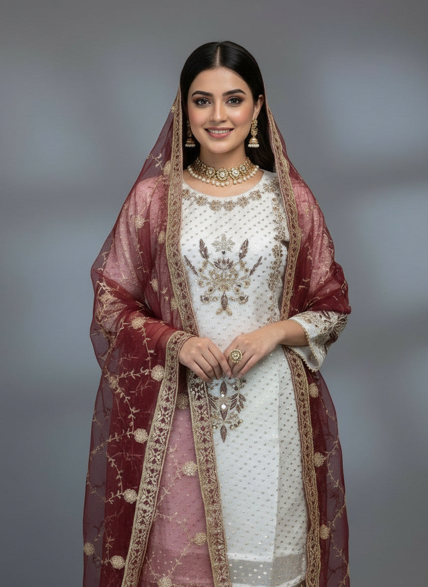 3Pc Embroided Organza Shirt With Plazo & Contrast Dupatta